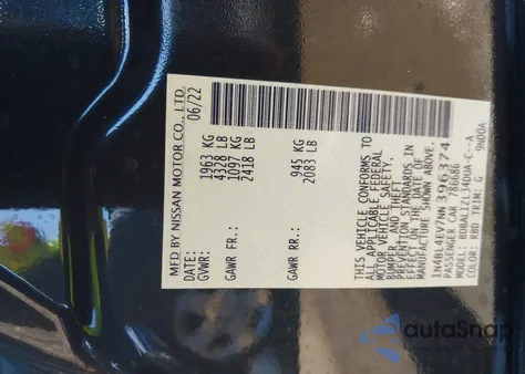 2022 Nissan Altima Sl Fwd z USA, uszkodzony, nr VIN 1N4BL4EV7NN396374